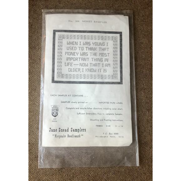 Vintage Cross Stitch Embroidery Kit Money Is Most Important Jane Snead Samplers - Picture 3 of 7